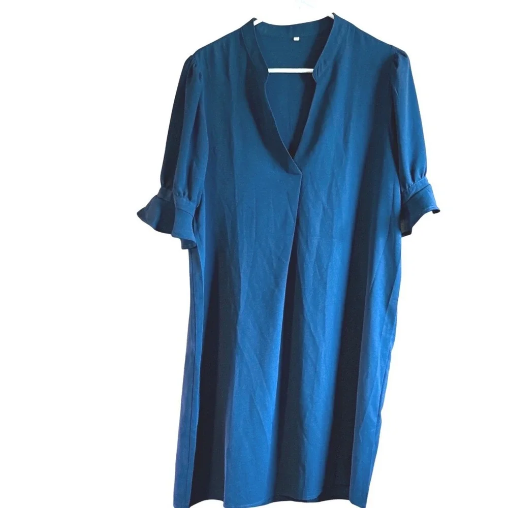 Womens Navy Blue‎ Split Neck Shift Dress Short Puff Ruffle Sleeve Size Large